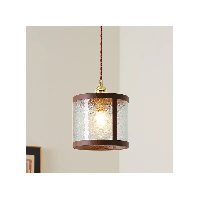 Traditional Vintage Cylinder Rectangle Trapezoid Copper Glass Iron 1-Light Pendant Light For Living Room