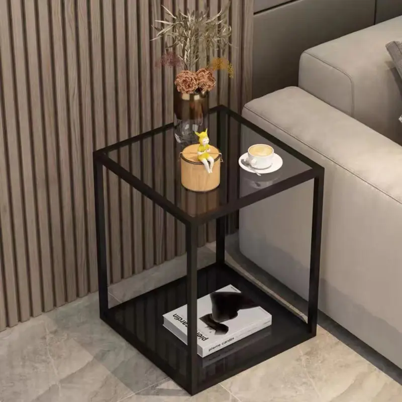 Traditional Vintage Square Tempered Glass Board Iron End Table 2-Tier For Living Room