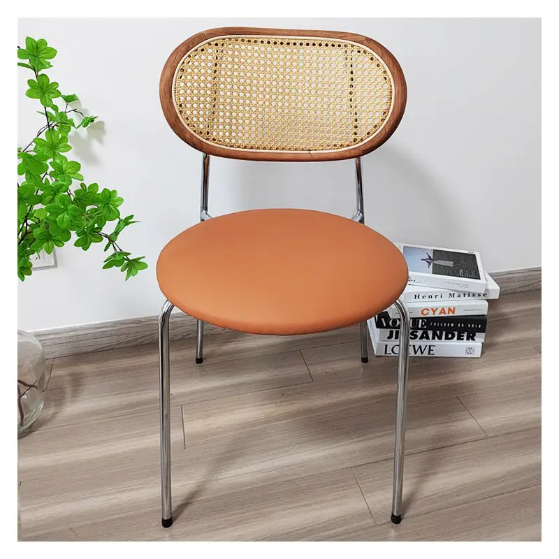 Contemporary Nordic Round Iron Rattan Microfiber Leather Chair Backrest Armless For Living Room