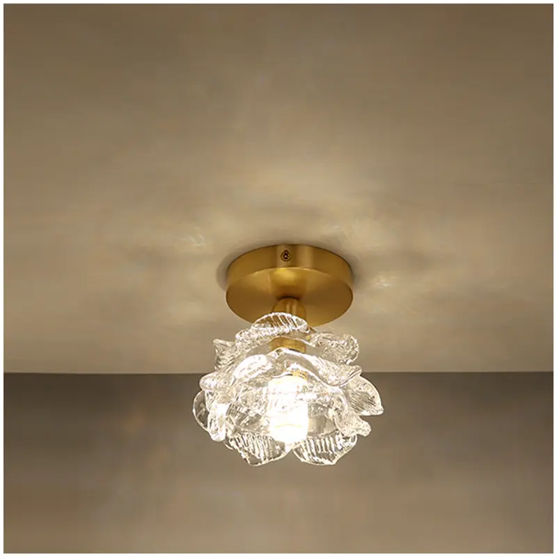 Traditional French Flower Copper Glass 1-Light Flush Mount Ceiling Light For Living Room
