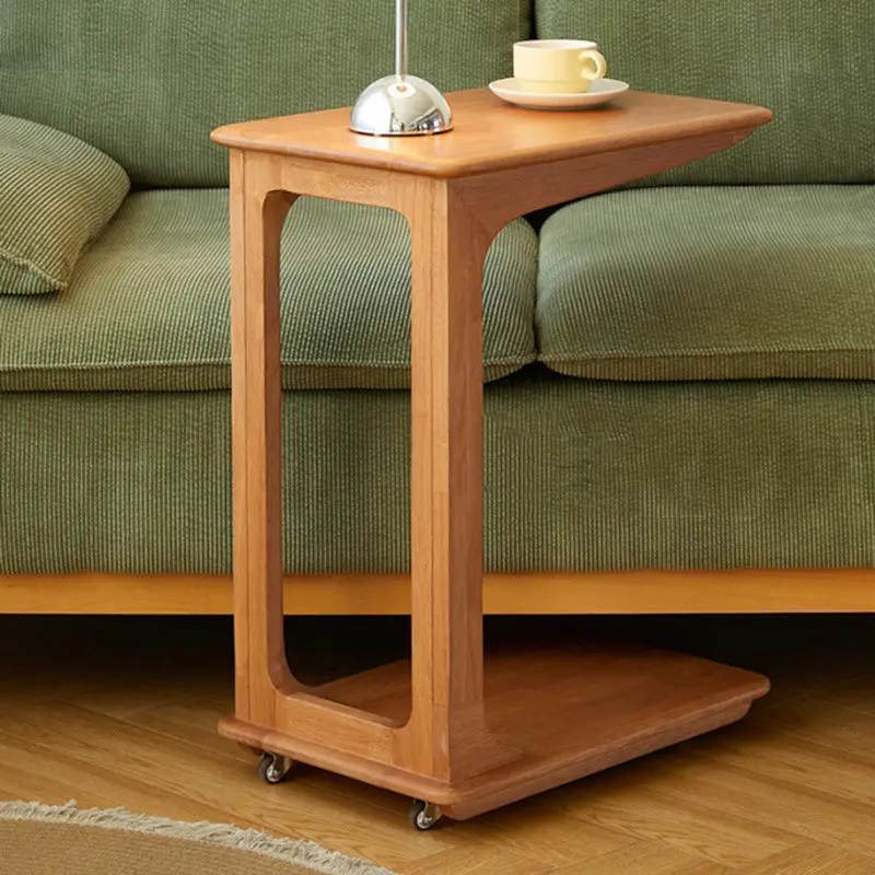 Modern Simplicity C-Shaped Rectangular Hollowed Rubber Wood End Table Movable 2-Tier For Living Room