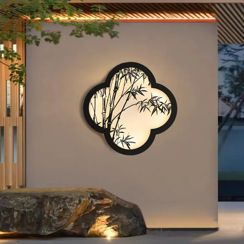 Traditional Chinese Solar Waterproof Bamboo Leaf Iron Acrylic LED Wall Sconce Lamp For Outdoor Patio