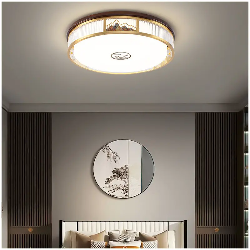 Traditional Chinese Round Mountain Pattern Acrylic Iron Copper LED Flush Mount Ceiling Light For Bedroom