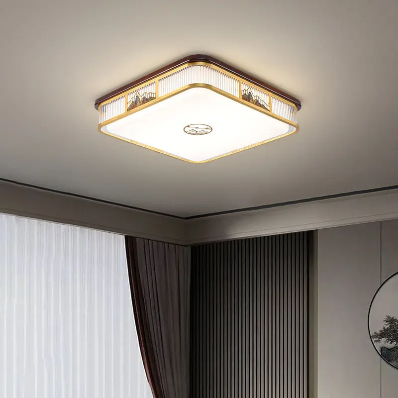 Traditional Chinese Square Rectangle Pattern Acrylic Iron Copper LED Flush Mount Ceiling Light For Living Room
