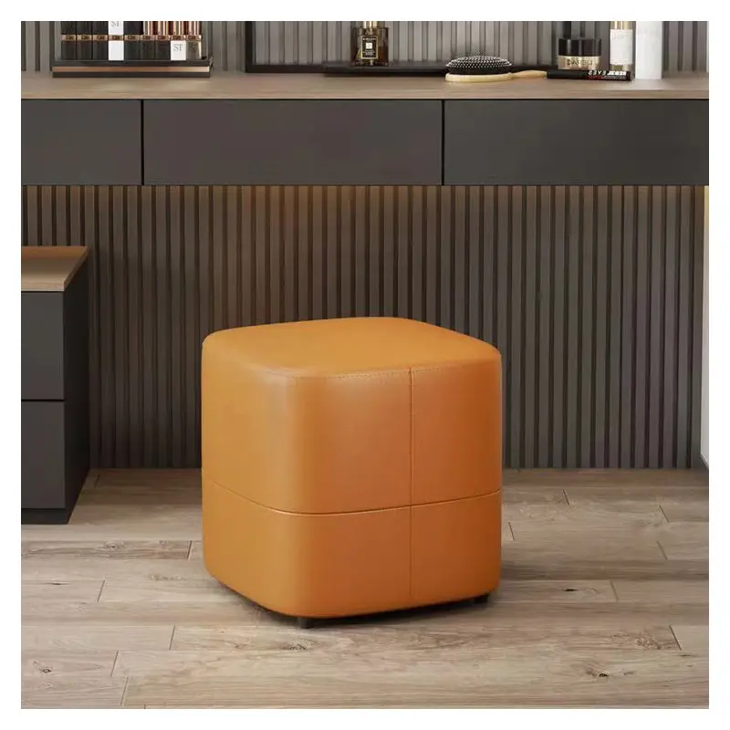 Modern Minimalist Square Faux Leather Upholstered Wood Low Stool For Living Room