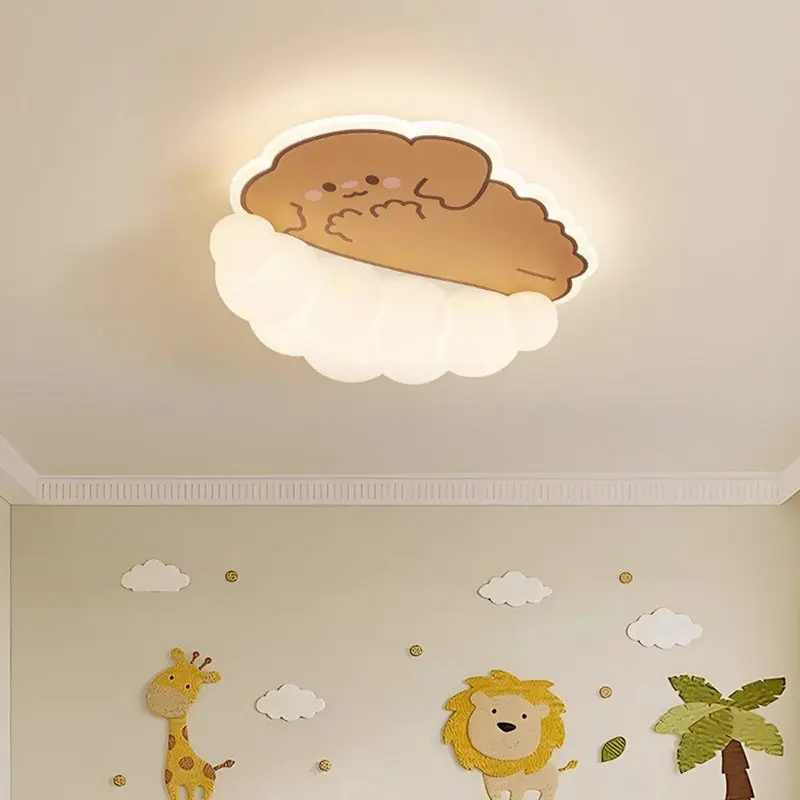 Contemporary Creative Kids Cream Dog Cat Panda Cloud PE Iron LED Flush Mount Ceiling Light For Bedroom