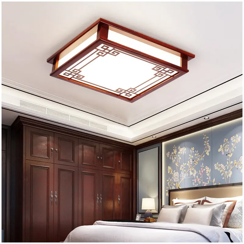 Traditional Chinese Pine Solid Wood Diffusion Plate Knot Square Rectangular LED Flush Mount Ceiling Light For Bedroom