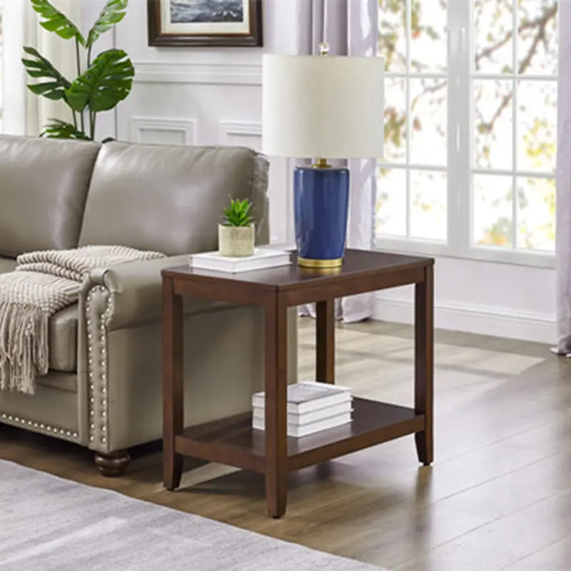 Traditional Japanese Rectangular Wood End Table 2-Tier For Living Room