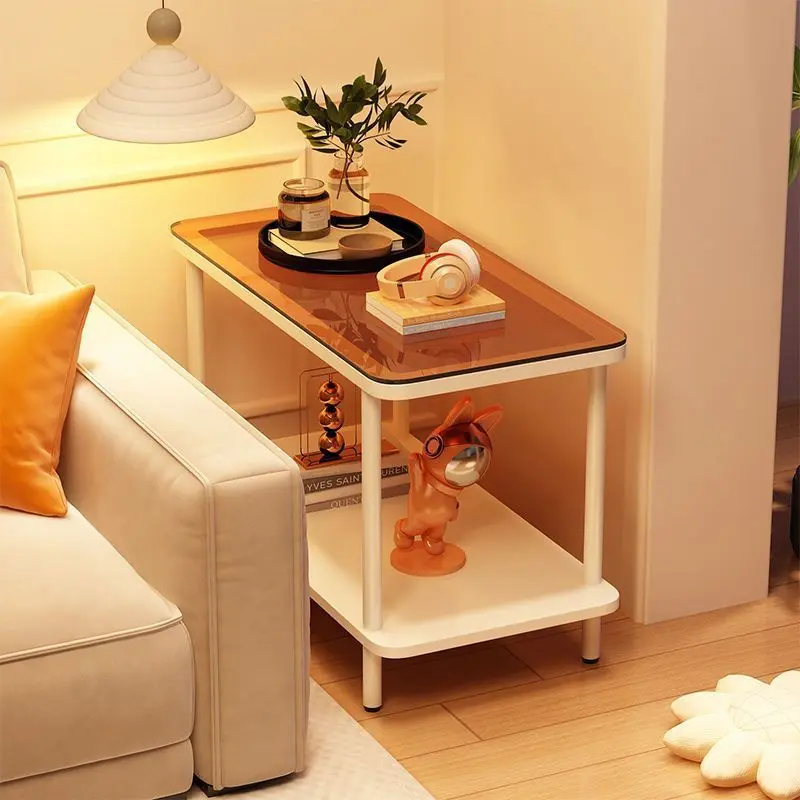 Modern Minimalist Rectangular Glass Iron Frame Side Table 2-Tier For Living Room