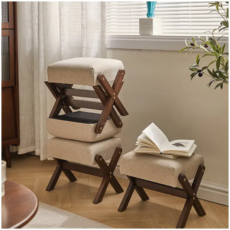Modern Minimalist Rectangle X Shape Wooden Frame Cotton Linen Fabric Low Stool For Living Room
