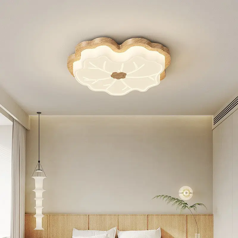 Traditional Japanese Lotus Leaf PE Solid Wood Grain LED Flush Mount Ceiling Light For Bedroom