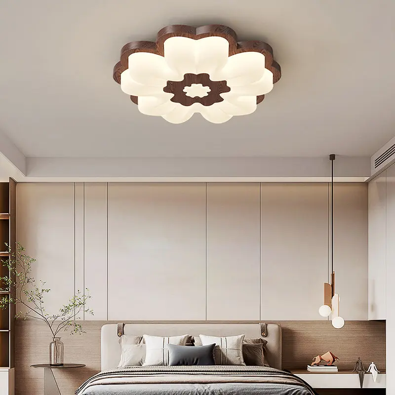 Traditional Vintage Solid Wood Grain PE Flower Shade LED Flush Mount Ceiling Light For Bedroom