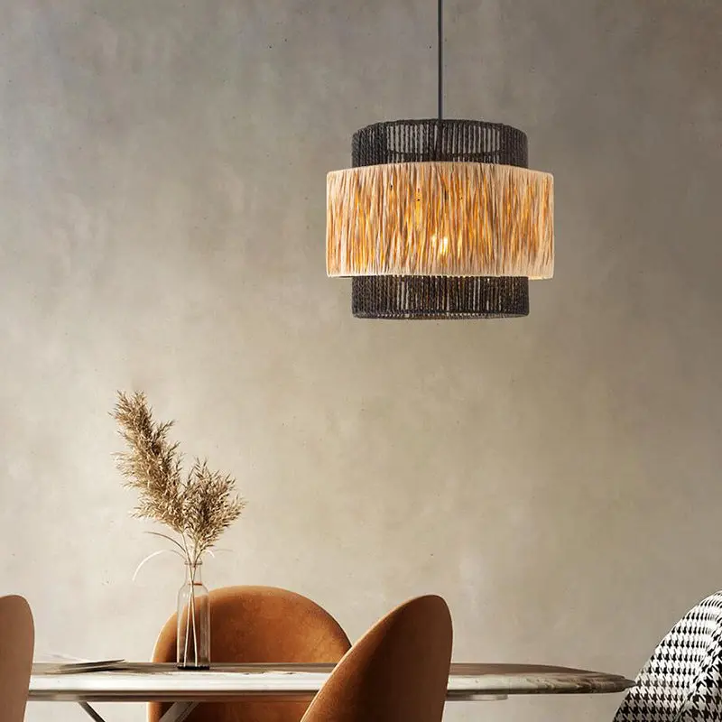 Contemporary Boho Cylinder Raffia Paper Lampshade Iron 1/3 - Light Chandelier For Living Room