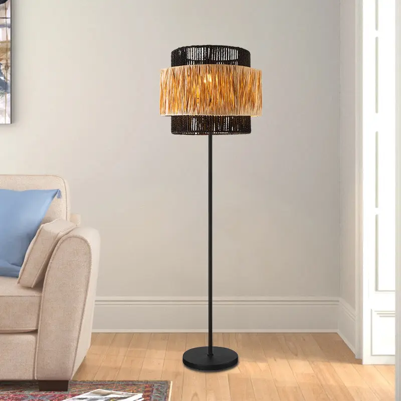 Contemporary Boho Cylinder Raffia Paper Lampshade Iron 1 - Light Standing Floor Lamp For Living Room
