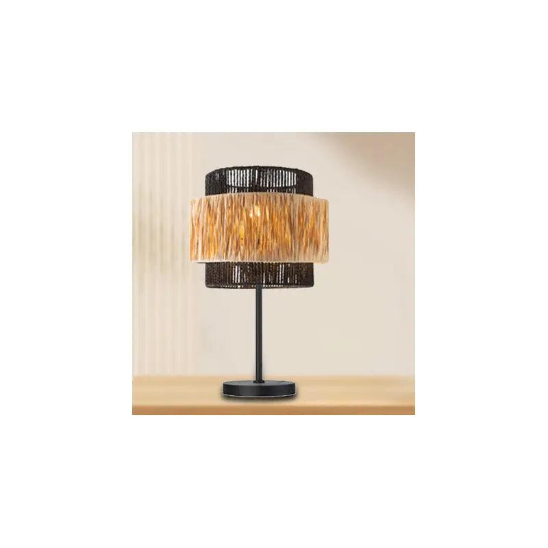 Contemporary Boho Cylinder Raffia Paper Lampshade Iron 1 - Light Table Lamp For Living Room