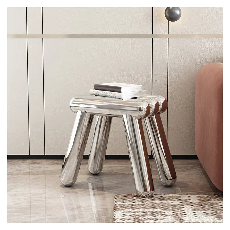 Modern Art Deco Trapezoid Full Stainless Steel Low Stool Backless Armless For Living Room