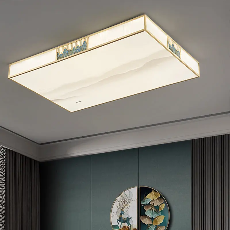 Traditional Chinese Rectangular Copper Acrylic LED Flush Mount Ceiling Light For Living Room