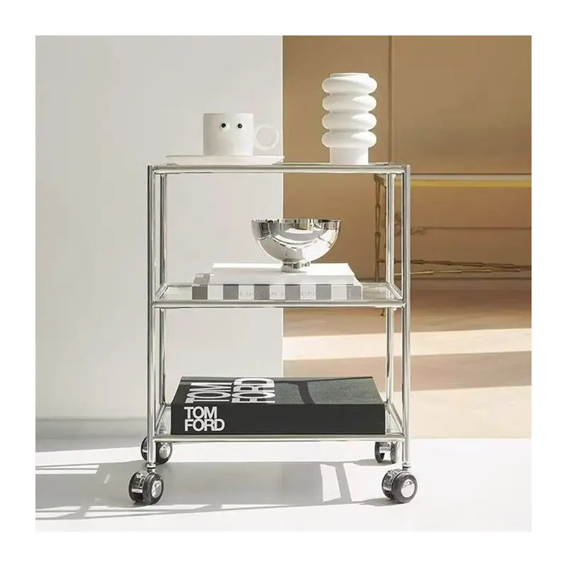 Modern Minimalist Square Rectangular Stainless Steel Glass End Table With Wheels 3-Tier Storage Rack For Living Room