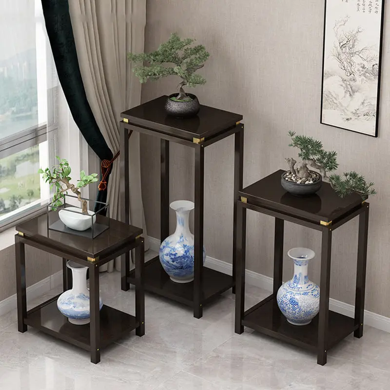 Traditional Chinese Square Rectangular Nan Bamboo Fiberboard End Table 2-Tier Storage Rack For Living Room
