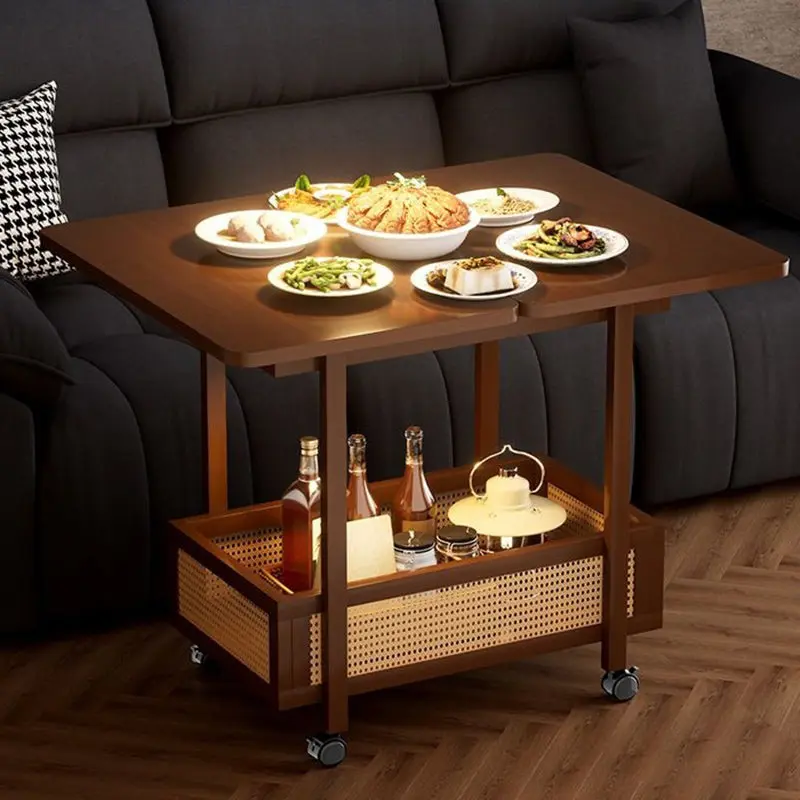 Traditional Vintage Rectangular Nan Bamboo MDF Plastic Weaving Movable Extendable Side Table 2-Tier For Living Room