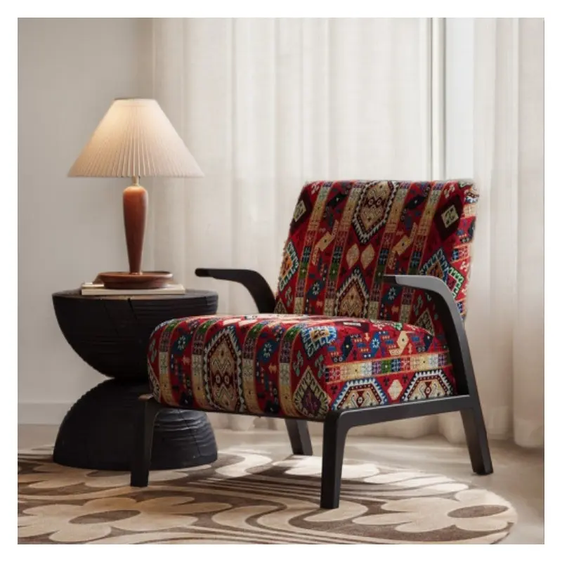 Traditional Vintage Curved Back Fabric Ash Wood Accent Chair Backrest Armrest For Living Room