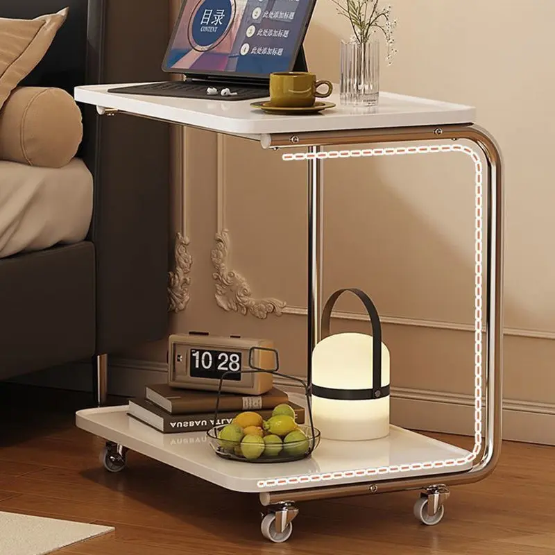 Traditional Chinese Engineered Wood Metal U-Shaped Rectangular Side Table With 2 Tiers For Living Room