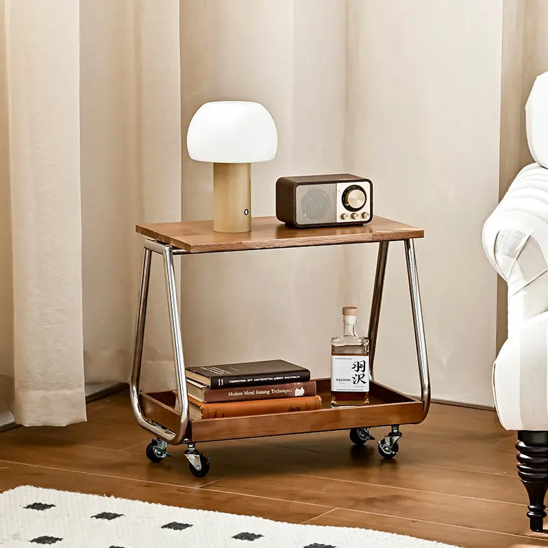 Traditional Vintage Solid Wood Stainless Steel Rectangular Mobile Side Table With 2 Tiers For Living Room