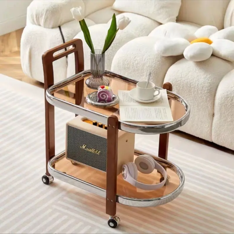 Modern Minimalist Round Rectangular Glass Solid Wood End Table 4-Leg 2-Tier Movable For Living Room