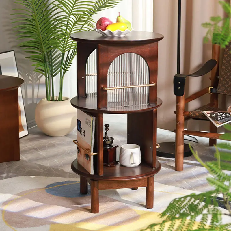 Traditional Chinese Round Rubberwood Aluminum Alloy Rainbow Glass 360 Swivel End Table 3-Tier For Living Room