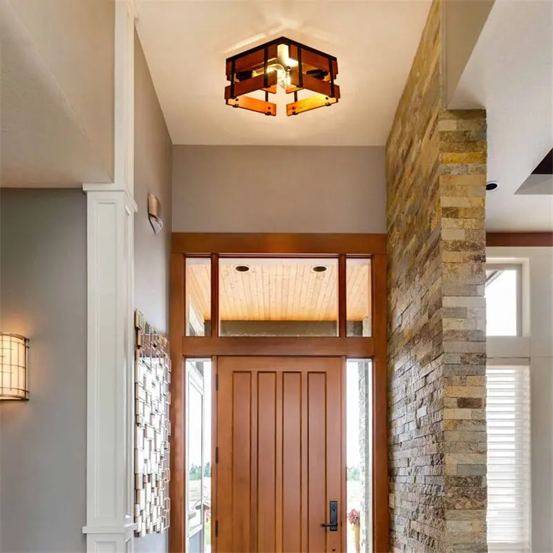 Traditional Farmhouse Iron Wood Square Fence 2/4 Light Flush Mount Ceiling Light For Hallway