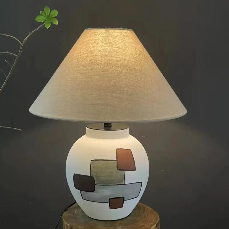 Traditional Vintage Ceramic Fabric Conic Pot 1-Light Table Lamp For Living Room