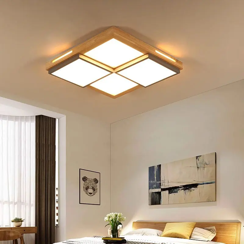 Traditional Japanese Square Solid Wood Metal LED Flush Mount Ceiling Light For Living Room