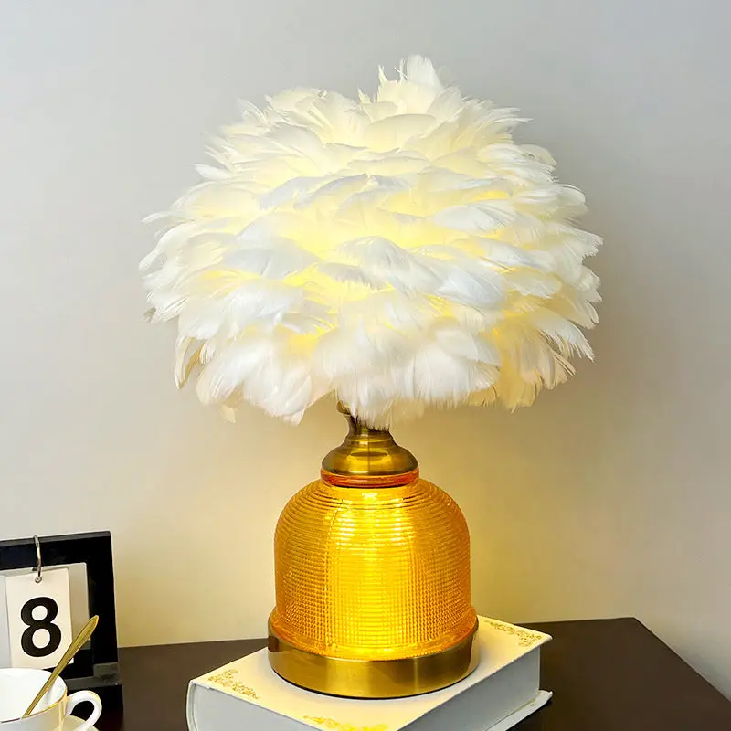 Contemporary Creative Feather Round Cylinder Feather Glass Metal 1-Light Table Lamp For Living Room