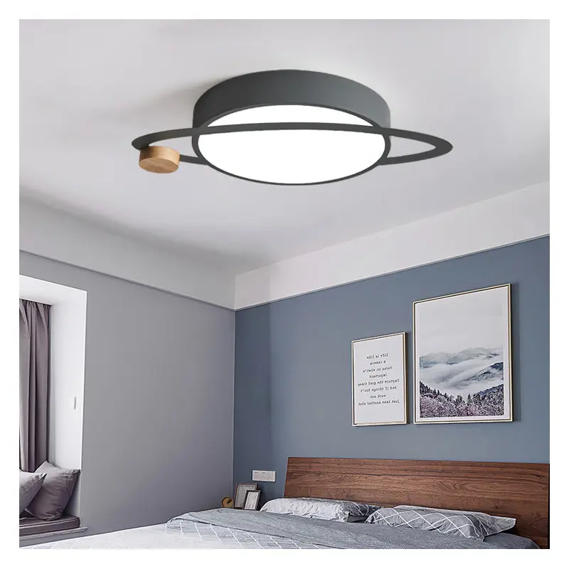 Contemporary Creative Planet Round Iron Rubberwood Acrylic LED Flush Mount Ceiling Light For Bedroom