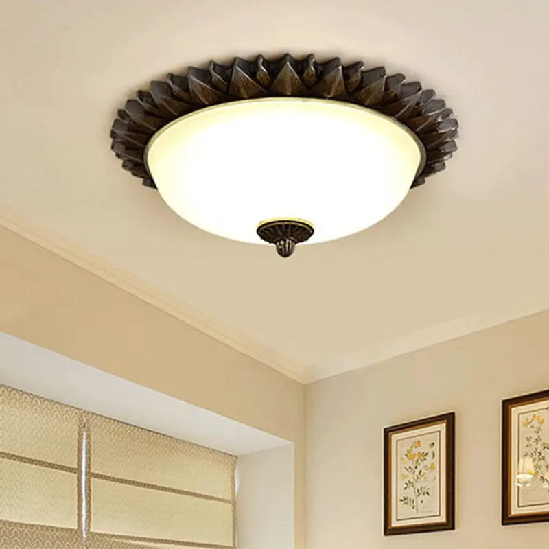 Traditional Rustic Round Sunflower Resin Glass 3-Light Flush Mount Ceiling Light For Living Room