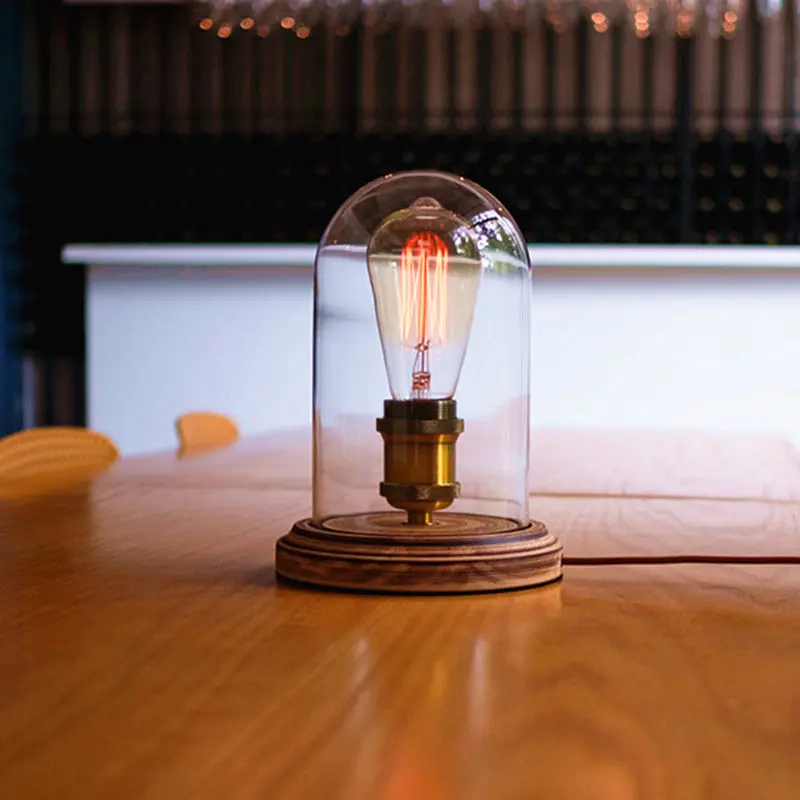 Traditional Vintage Round Cylinder Solid Wood Base Glass Shade 1-Light Table Lamp For Bedroom