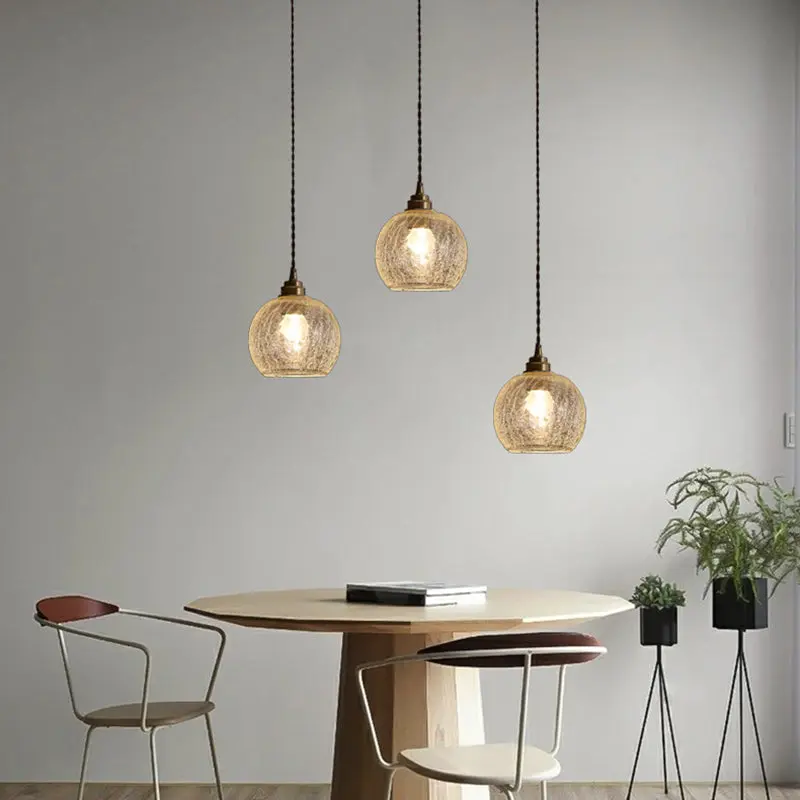 Traditional Vintage Leaf Prism Crackled Orb Diamond Glass Brass 1-Light Pendant Light For Living Room