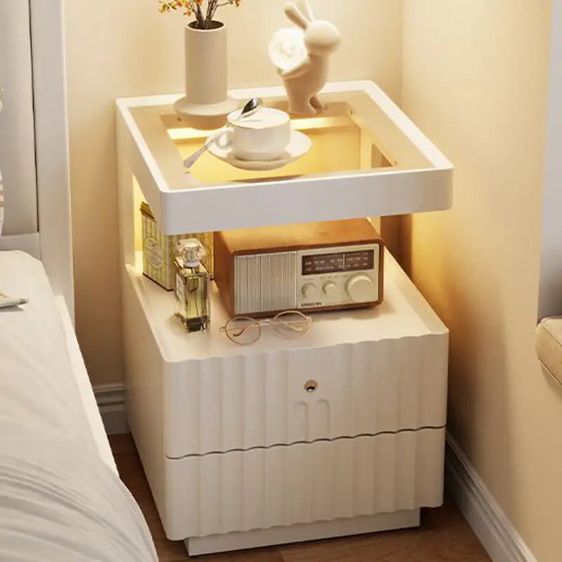 Traditional Luxury Square Solid Wood Glass Nightstand 2-Drawer For Bedroom