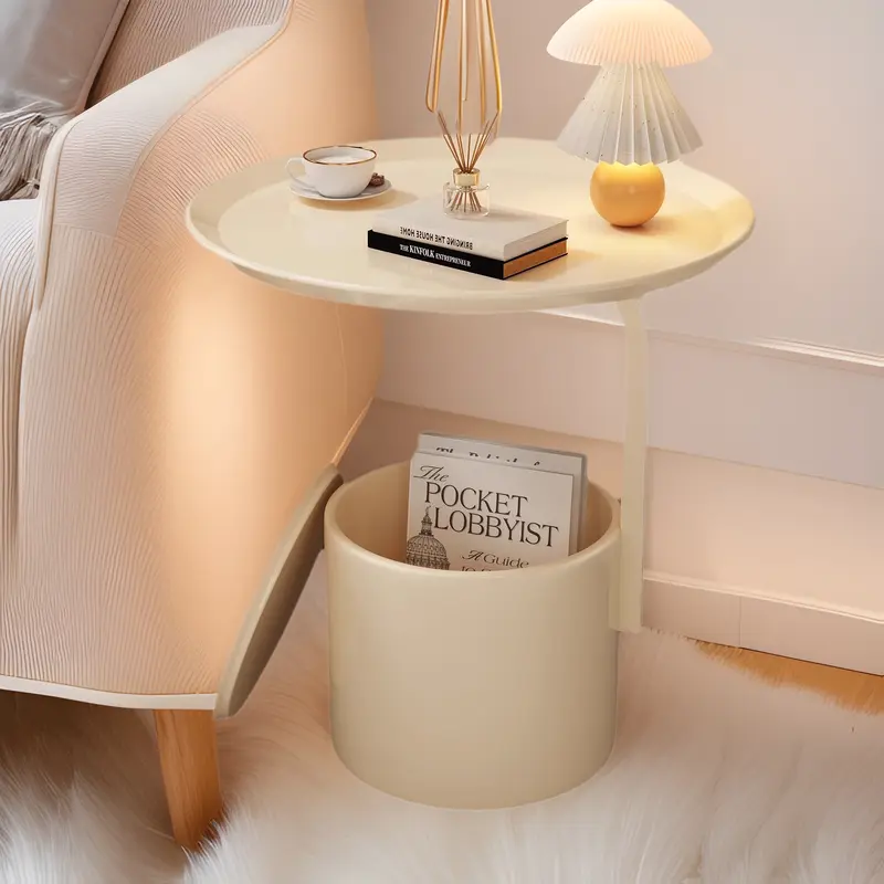 Modern Minimalist Cream Round Cylinder Iron Side Table 1-Storage For Living Room