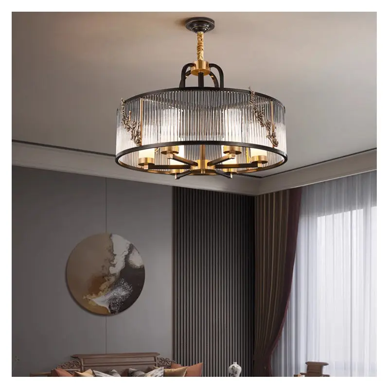 Traditional Vintage Round Rectangle Copper Glass 5/6 Light Chandelier For Living Room