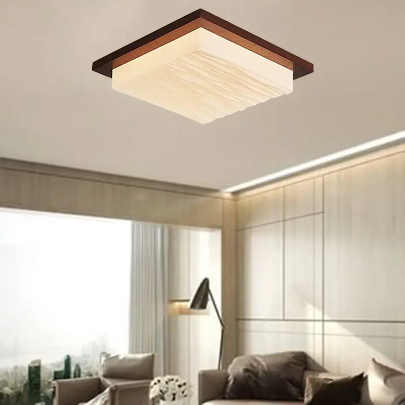 Traditional Japanese Acrylic Wood Base Rectangular Square Blocks Water Grain LED Flush Mount Ceiling Light For Hallway