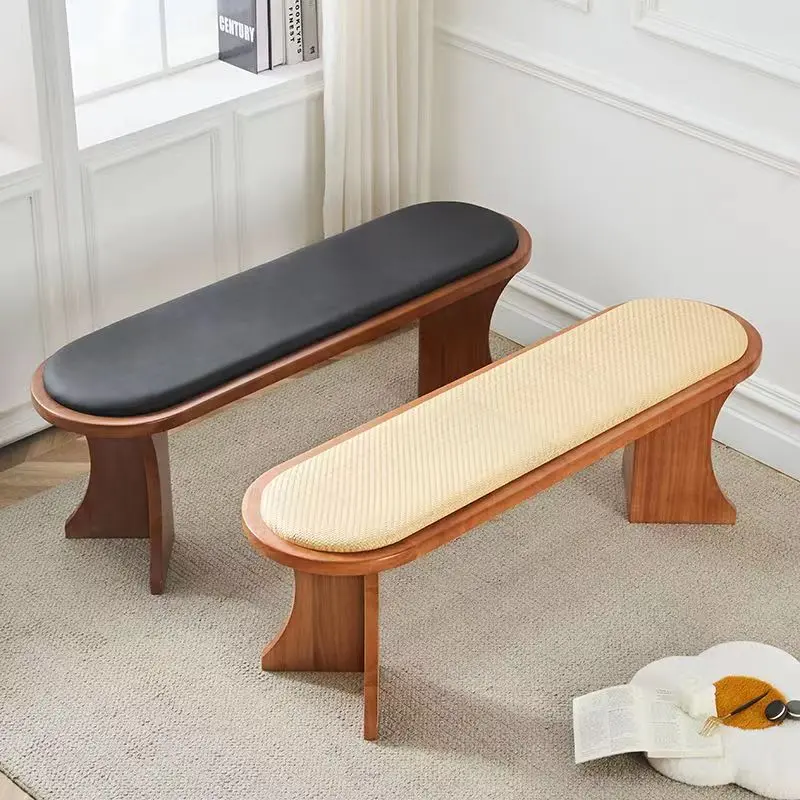 Contemporary Scandinavian Long Oval Curved Leather Rattan Mat Solid Wood Shoe Bench Low Stool For Living Room