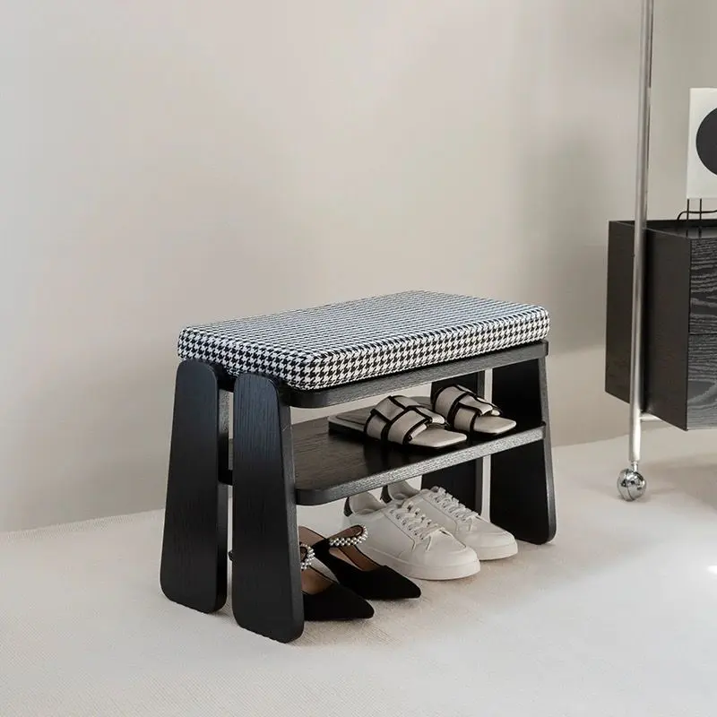 Modern Minimalist Rectangle Curved Fabric Solid Wood Shoe Bench Low Stool For Living Room