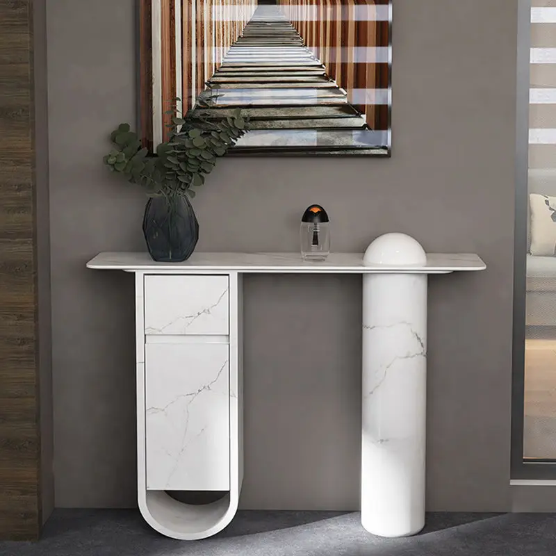 Contemporary Nordic Plate Fiberglass Wood Rectangular Column Side Table 1-Drawer Cabinet For Entryways