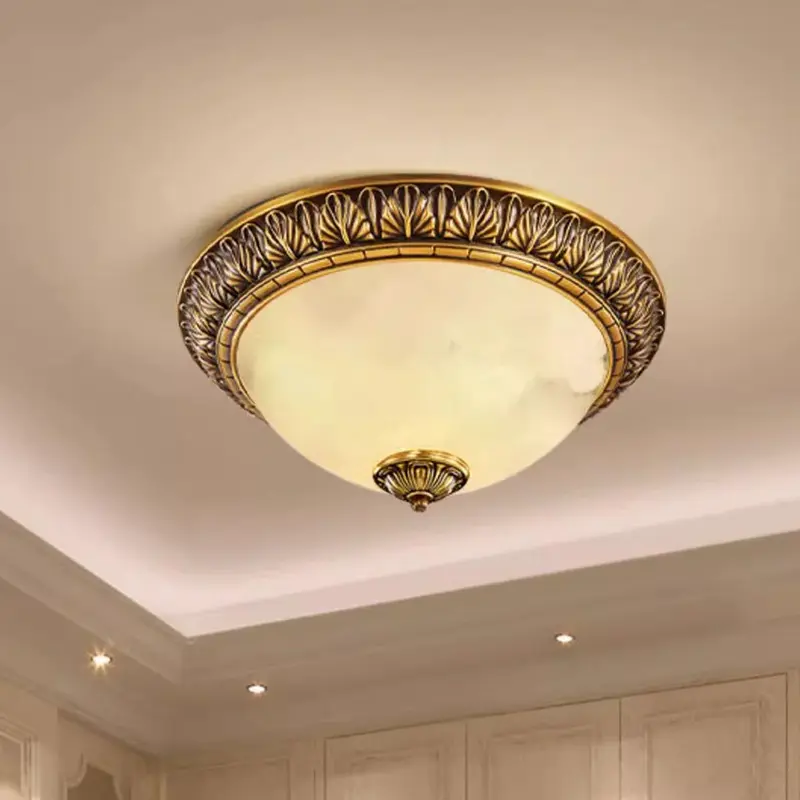 Traditional European Round Dome Brass Frame Glass Shade 2/3/4 Flush Mount Ceiling Light For Living Room