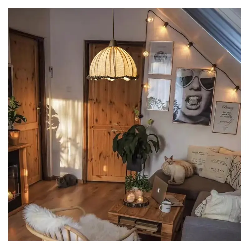 Traditional Vintage Lace Round Semi-circle Rubberwood Linen 1-Light Pendant Light For Bedroom