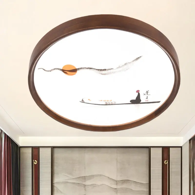 Traditional Chinese Round Oak Wood Acrylic LED Flush Mount Ceiling Light For Bedroom