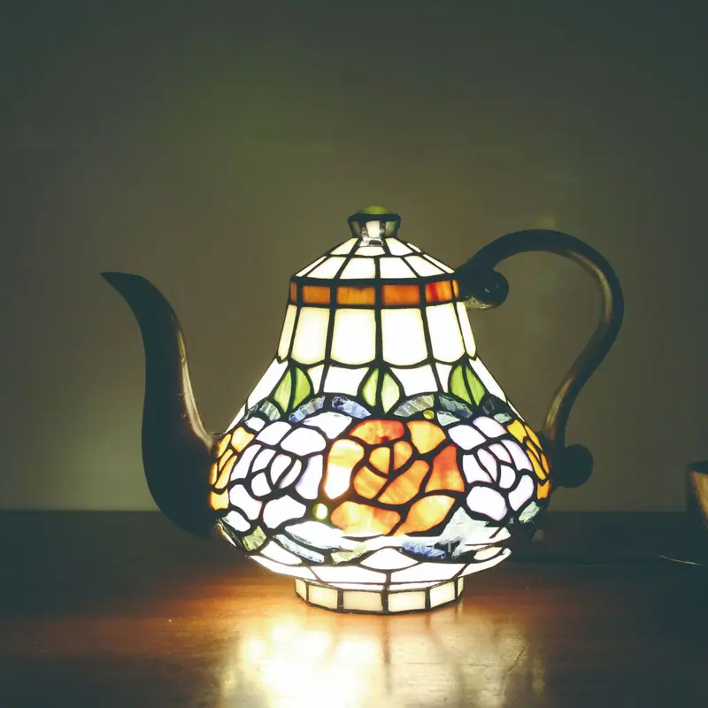 Traditional Tiffany Creative Rose Kettle Shape Stained Glass 1-Light Table Lamp For Dining Room