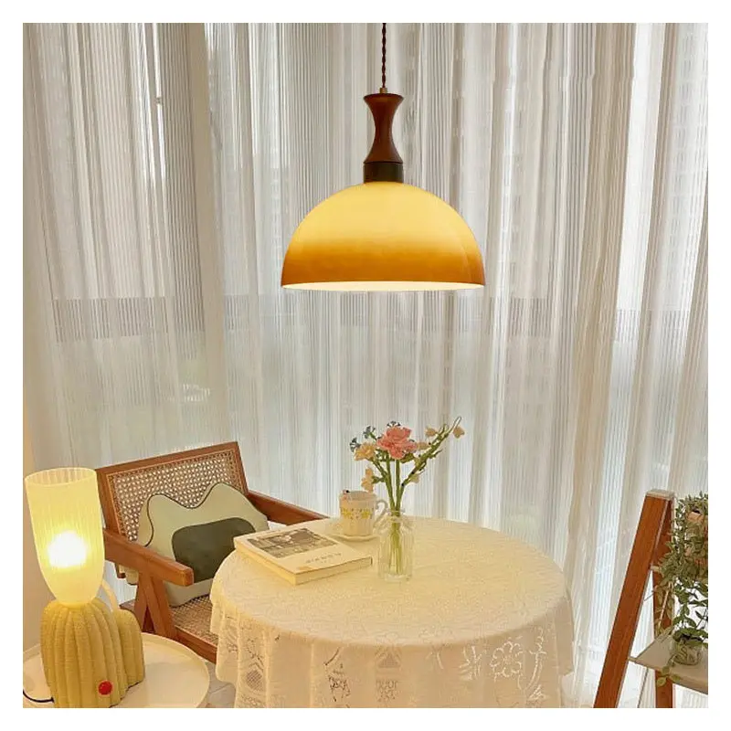 Traditional Vintage Dome Solid Wood Glass 1-Light Pendant Light For Living Room