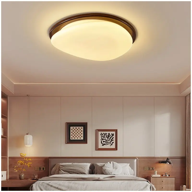 Traditional Vintage Round Solid Wood Iron Acrylic LED Flush Mount Ceiling Light For Bedroom